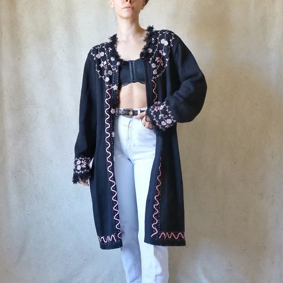 Storybook Knits Sweaters Novelty Storybook Knits Duster Cardigan In Black With Floral Embroidery Poshmark